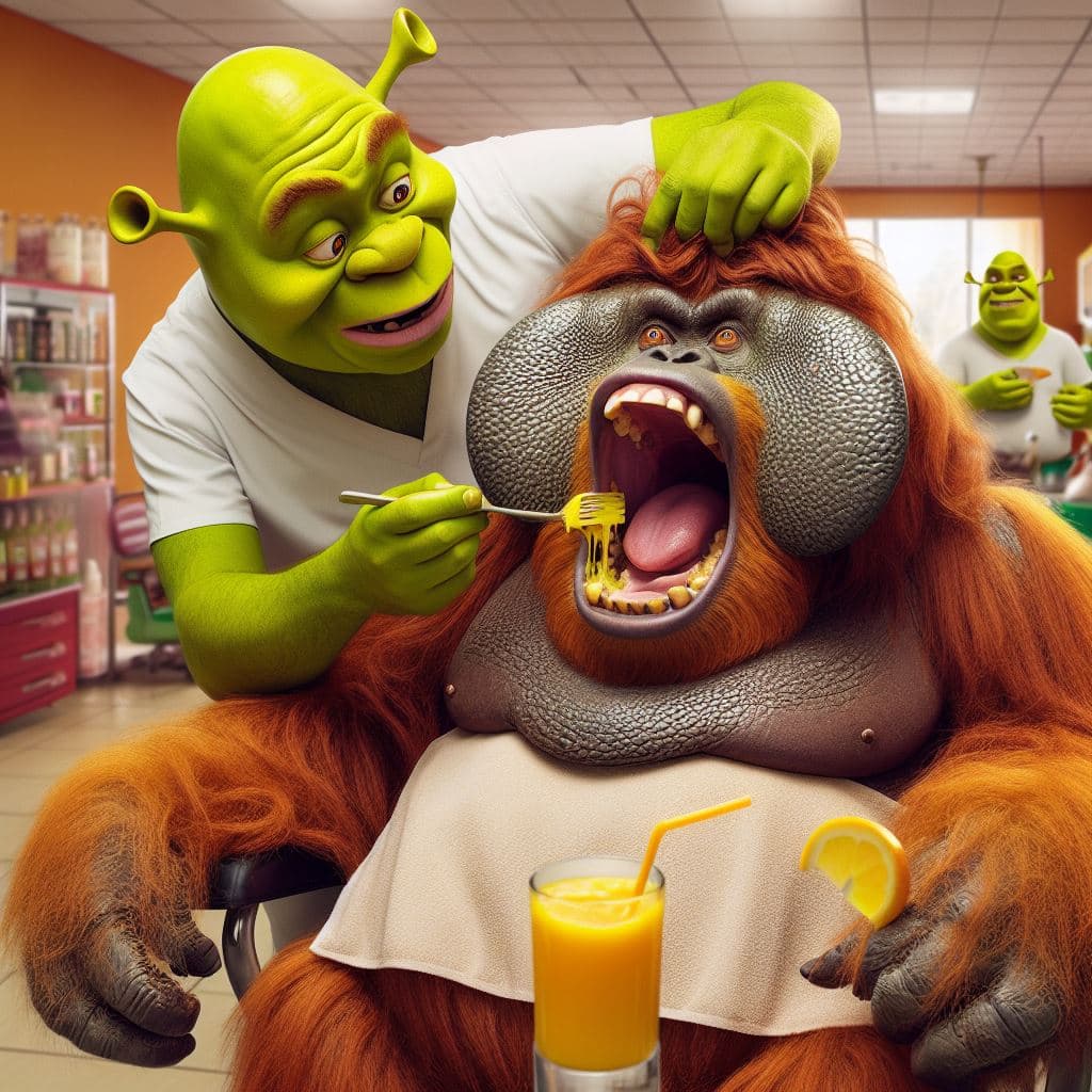 AI generated: Orangutan spewing grease out of his mouth in the living room and Shrek picking it up with his mouth,...
