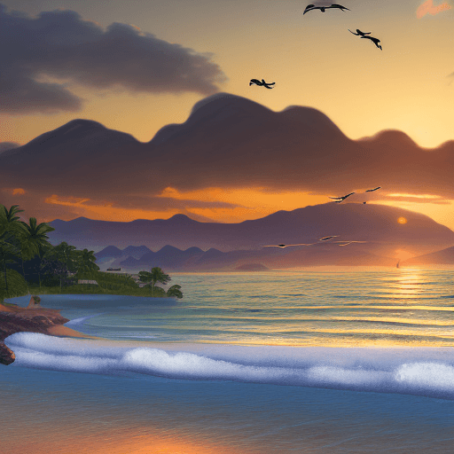 AI generated: close up back photo of person standing on the beach with mountains at sunset and relaxing, fishing b...