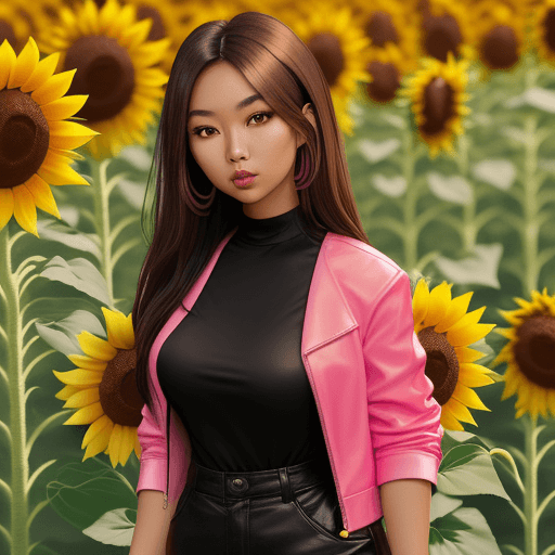 AI generated: Caramel skinned asian woman with dark brown hair wearing an edgy black and pink outfit while holding...
