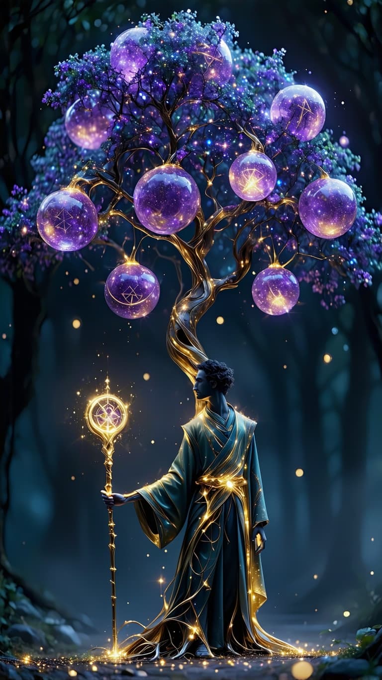 AI generated: A celestial gardener, their body a fusion of amethyst light and golden roots, stands before a massiv...