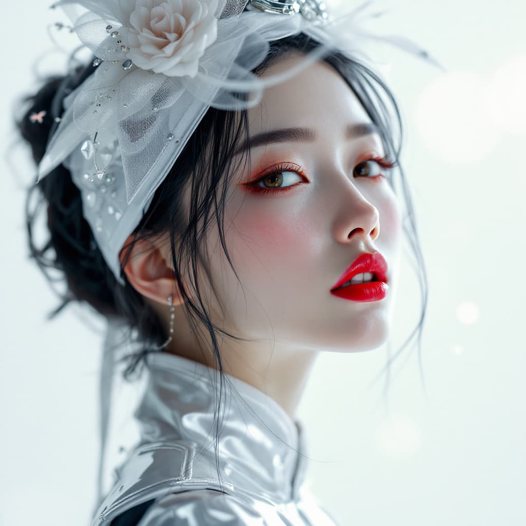 AI generated: white background, beautiful portrait of jo yuri in white and silver colors, with red lipstick, in th...