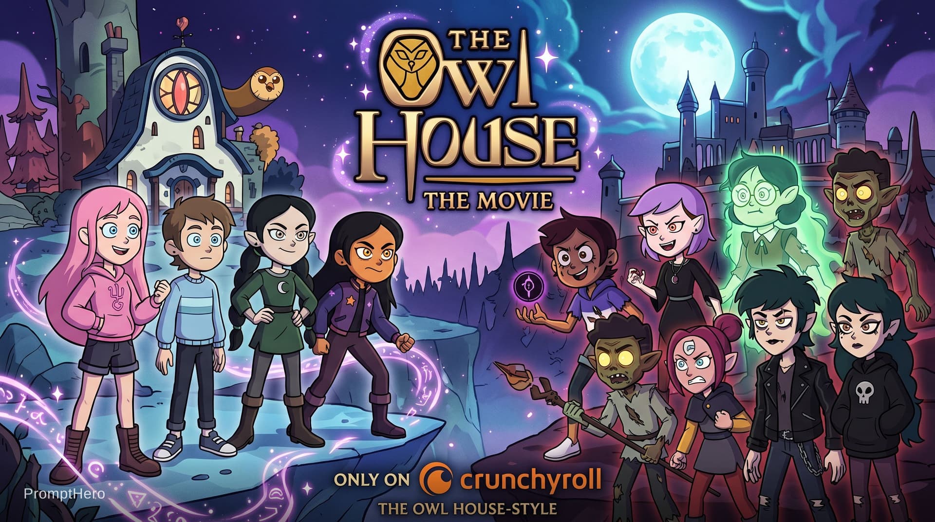 AI generated: The Owl House The Movie logo, featuring protagonists: a teenage girl Pinkalicious Pinkerton with a p...
