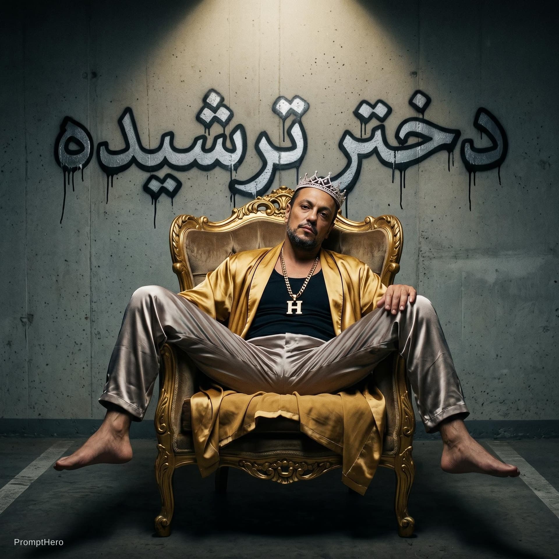 AI generated: *Surreal luxury rap cover, "Sour Girl". A male rapper lounging on an antique velvet throne placed in...