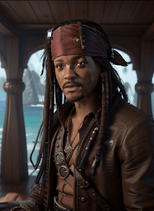 AI generated: A hyperreal portrait of Will Smith as Captain Jack Sparrow, Utilize Unreal Engine 5 to achieve a cel...