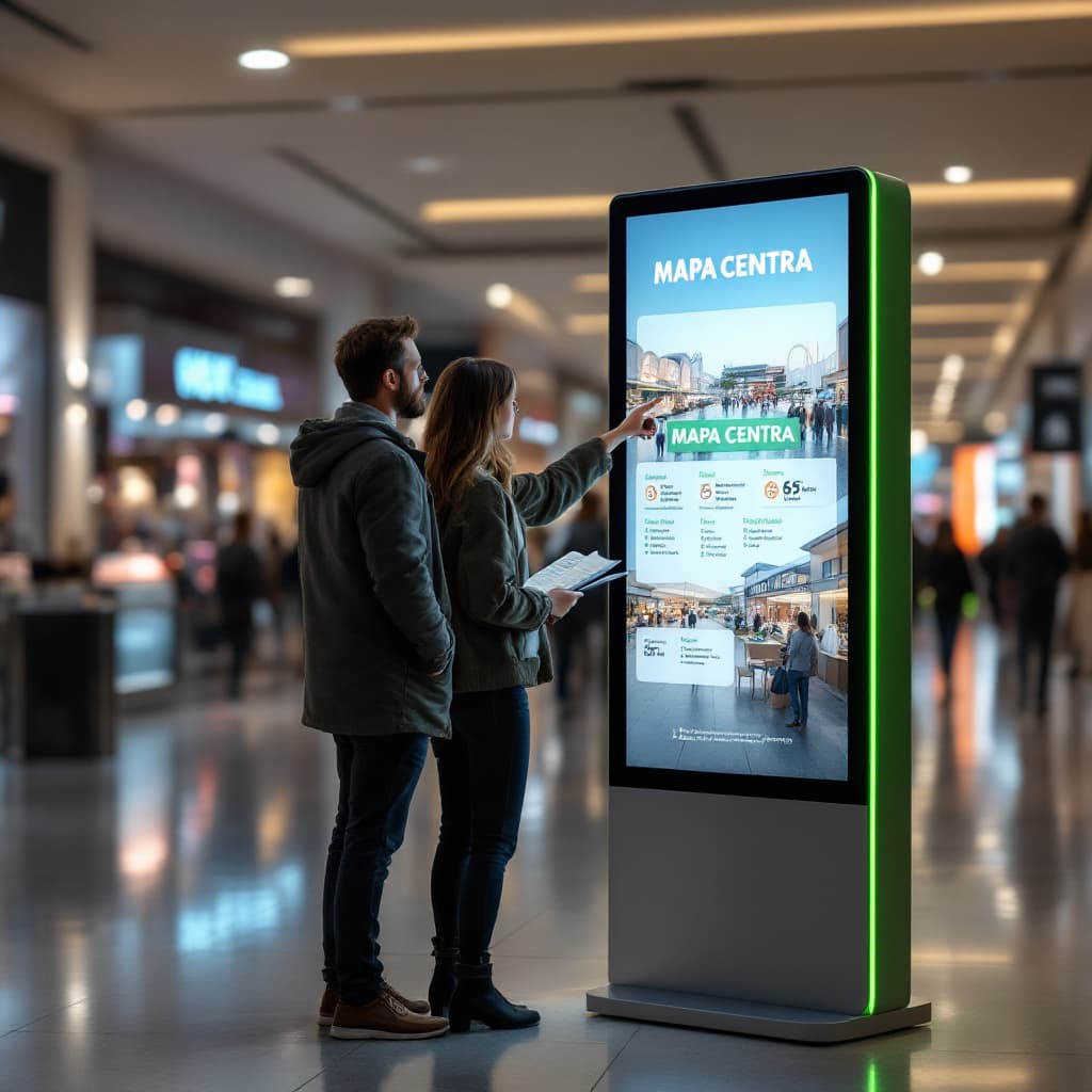 AI generated: Photorealistic digital signage kiosk inside a modern shopping mall with a blurred background. The ki...