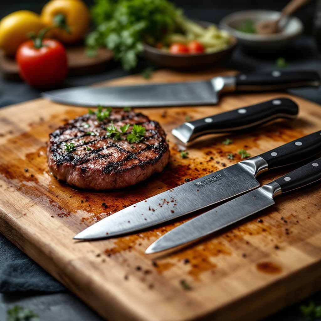 AI generated: Darker photography of different sizes clean steak knives on big wooden cutting board with nicely gri...