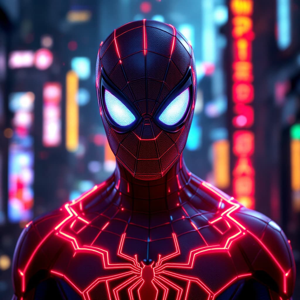 AI generated: Spider-Man in the style of Tron, with neon lights and a hyper-realistic, unreal engine-powered aesth...