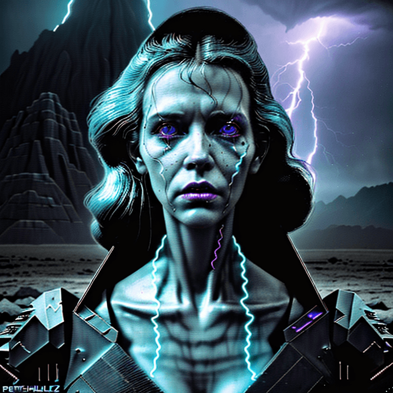 AI generated: a perfect Beautiful rugged female, flames, lightning, electomagnetic storm, retrowave synthwave cybo...
