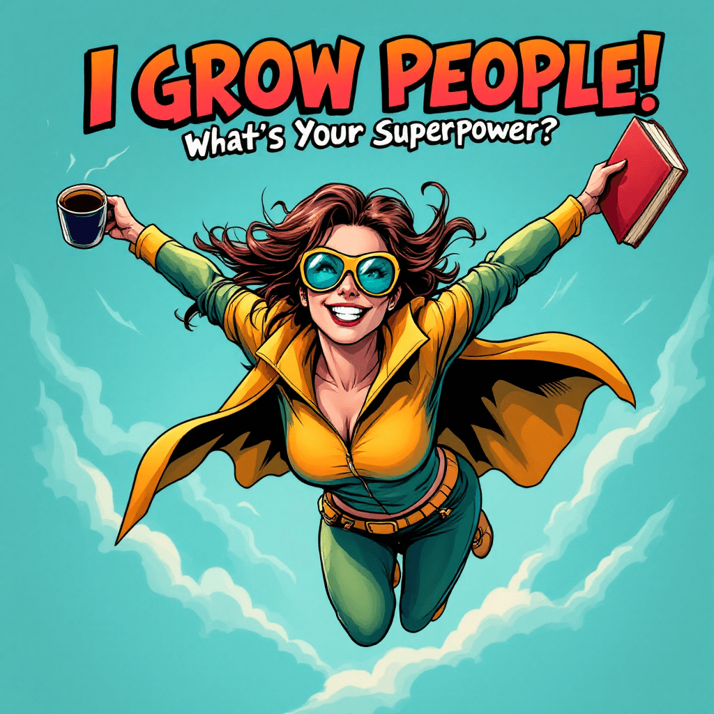 AI generated: A dynamic, comic-style female teacher superhero flying with books in one hand and a coffee mug in th...