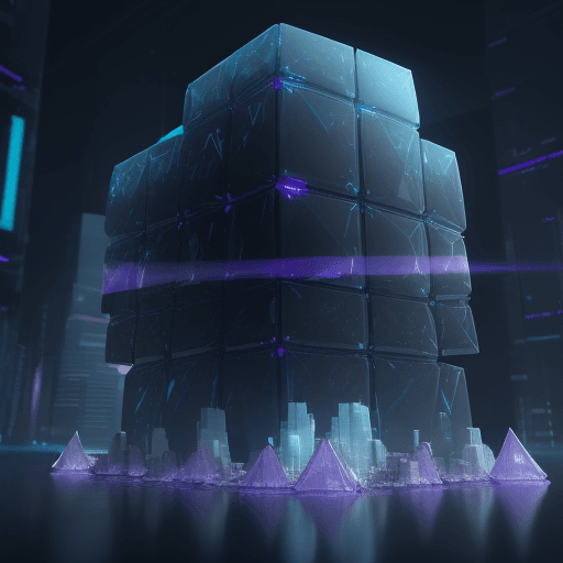 AI generated: A futuristic 3D architecture made of translucent crystalline blocks and digital cards, some blocks b...
