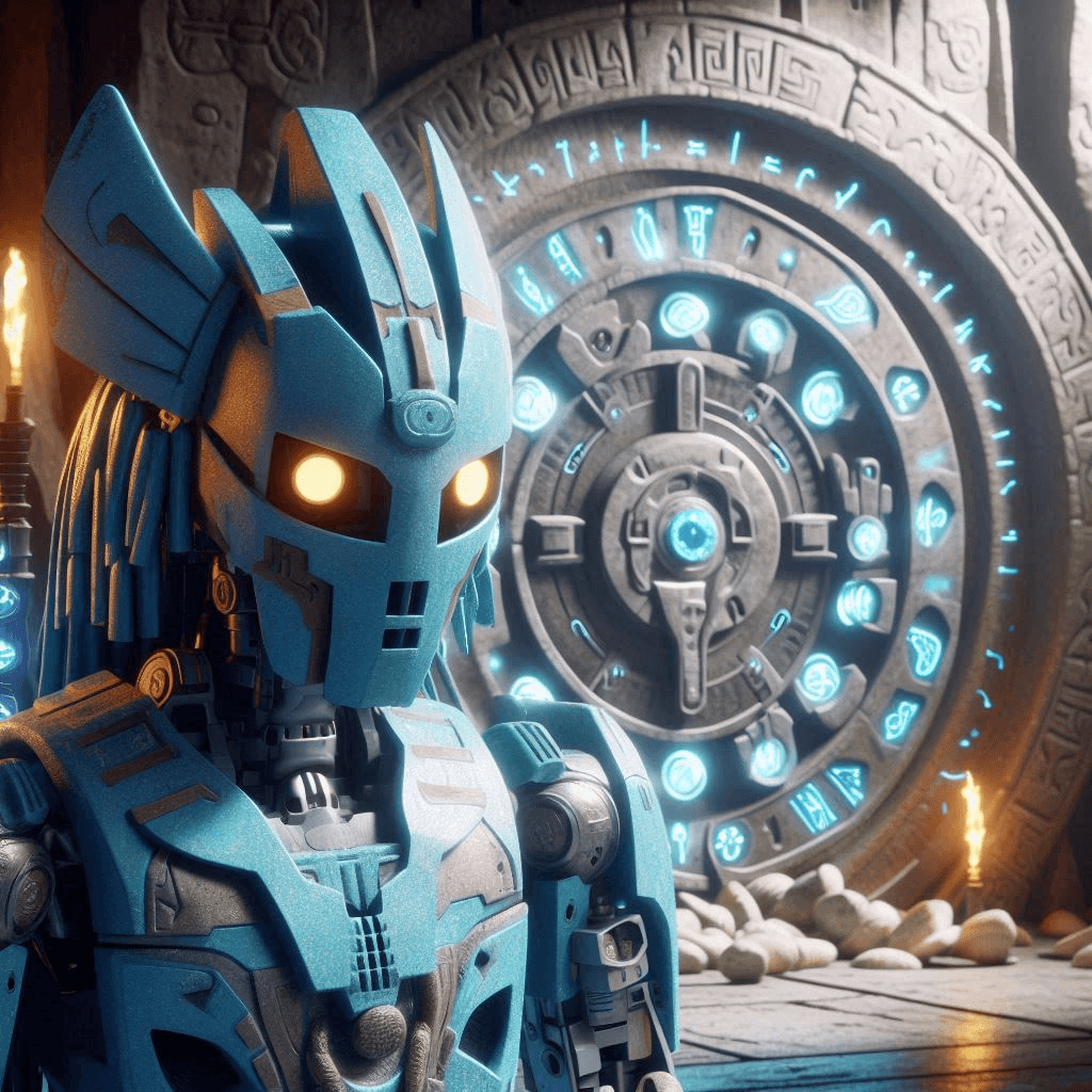 AI generated: Close-up Star Wars CGI rendering of a blue Bionicle Toa of Water robot with a mask guarding an ancie...