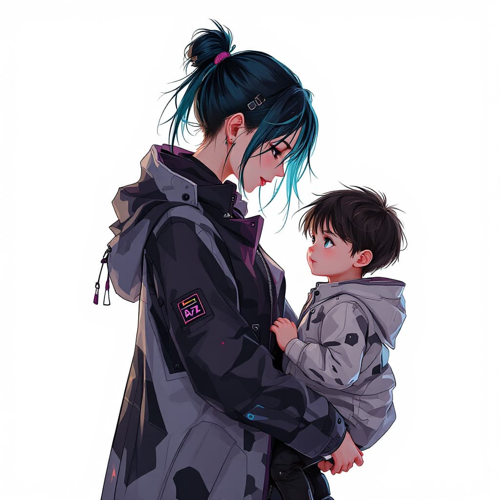 AI generated: Cyber Punk anime mother and little cute son holding each other on a white background, 8k