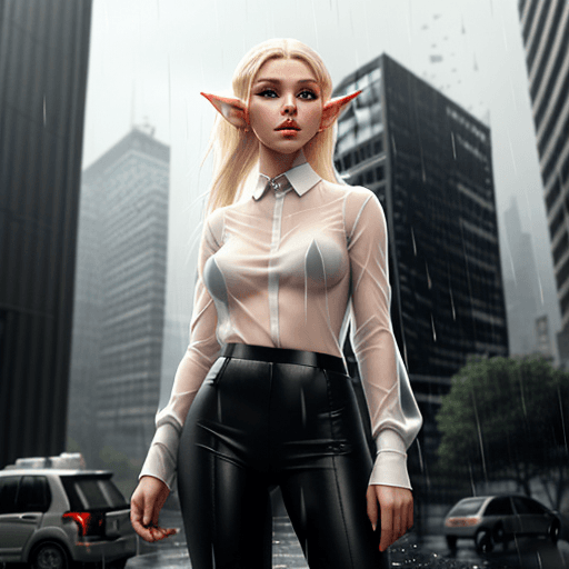 AI generated: A realistic looking female elf see through white shirt and black pants 
in a modern world that is ra...