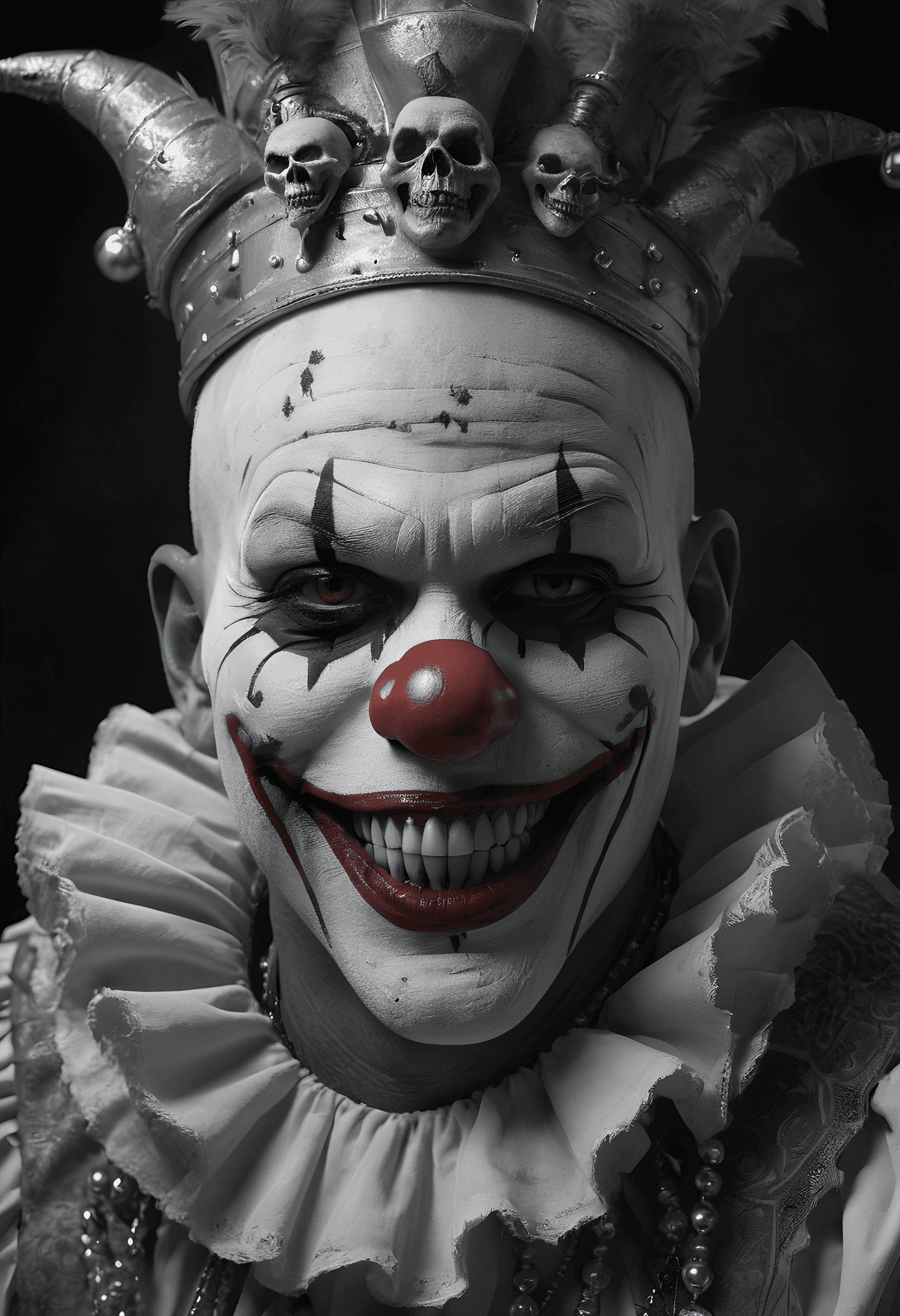 AI generated: Unsettling freaky clown portrait, sinister expression, black and white, harsh shadows, creepy smile,...