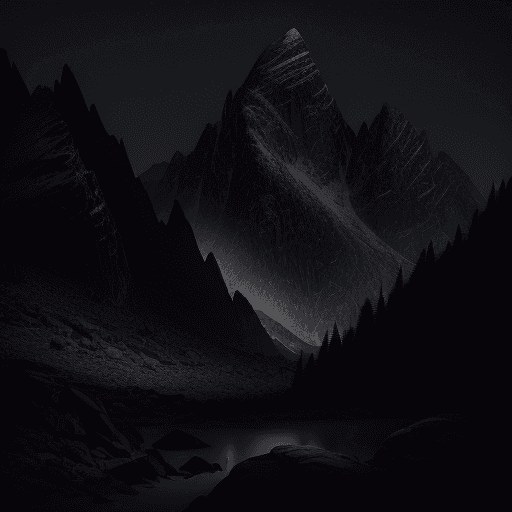 AI generated: A dark and dramatic mountain landscape at night, featuring sharp rocky textures illuminated by soft ...
