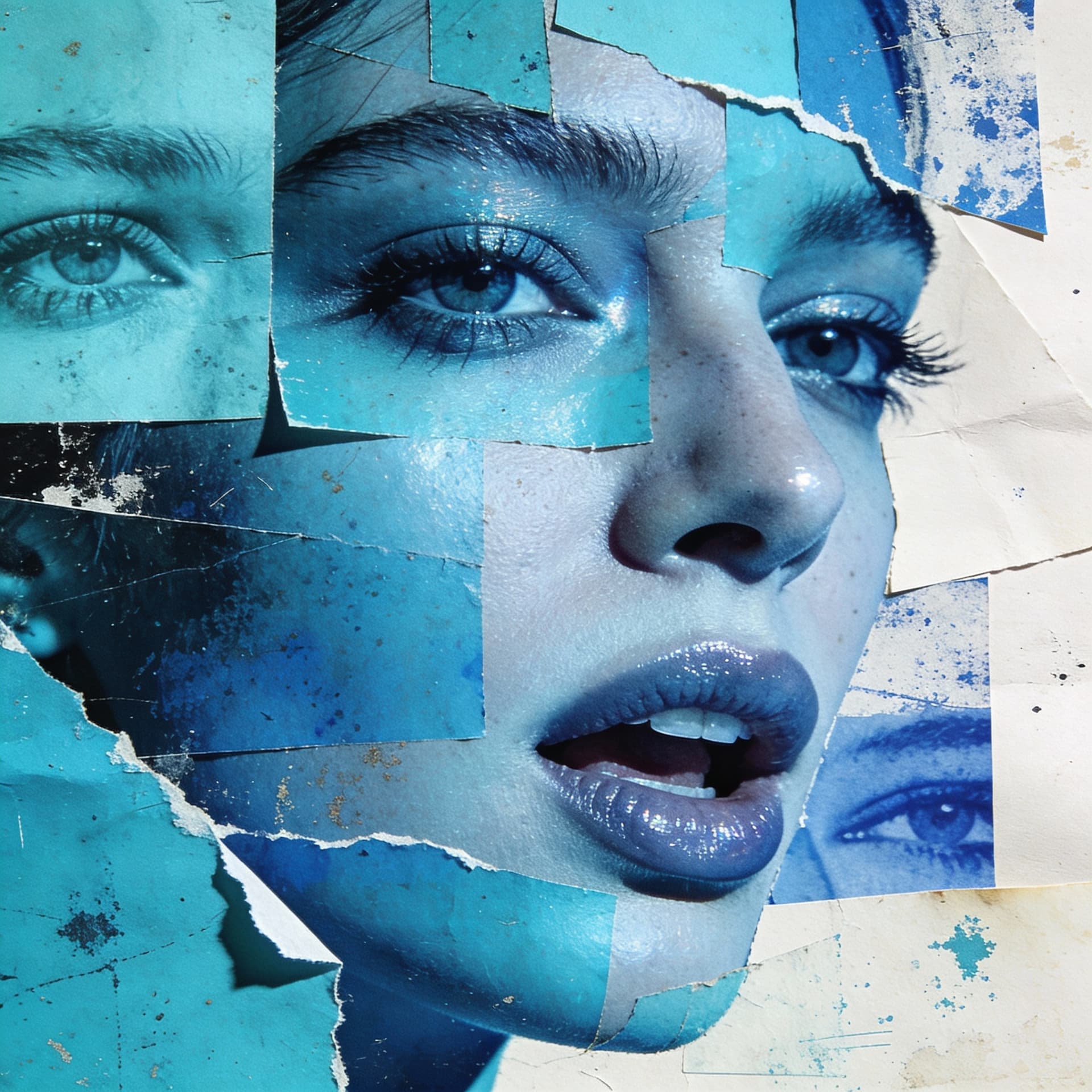 AI generated: video 9:16 print collage of a woman's  talking face, in the style of josef kote, grunge beauty, dain...
