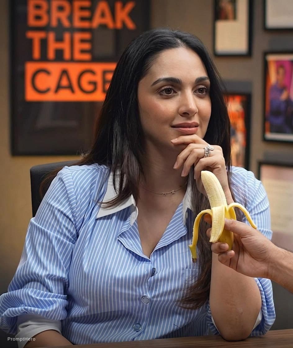 AI generated: Remove the coffee cup and mic and add a open banana with a hand giving to her 