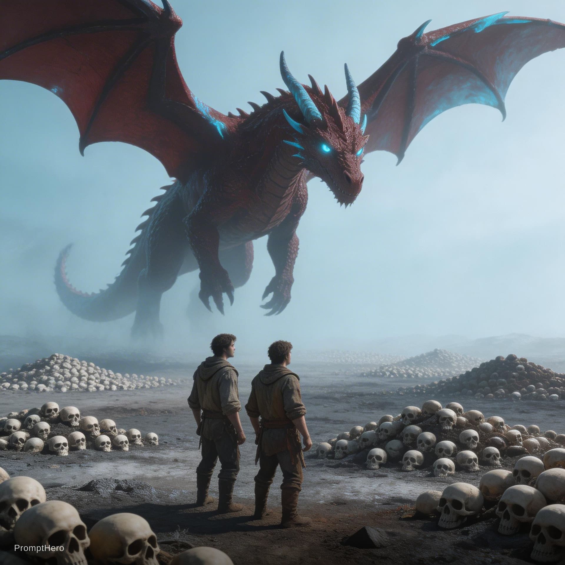 AI generated: two people are standing under a dragon watching other skulls, in the style of concept art, light sky...