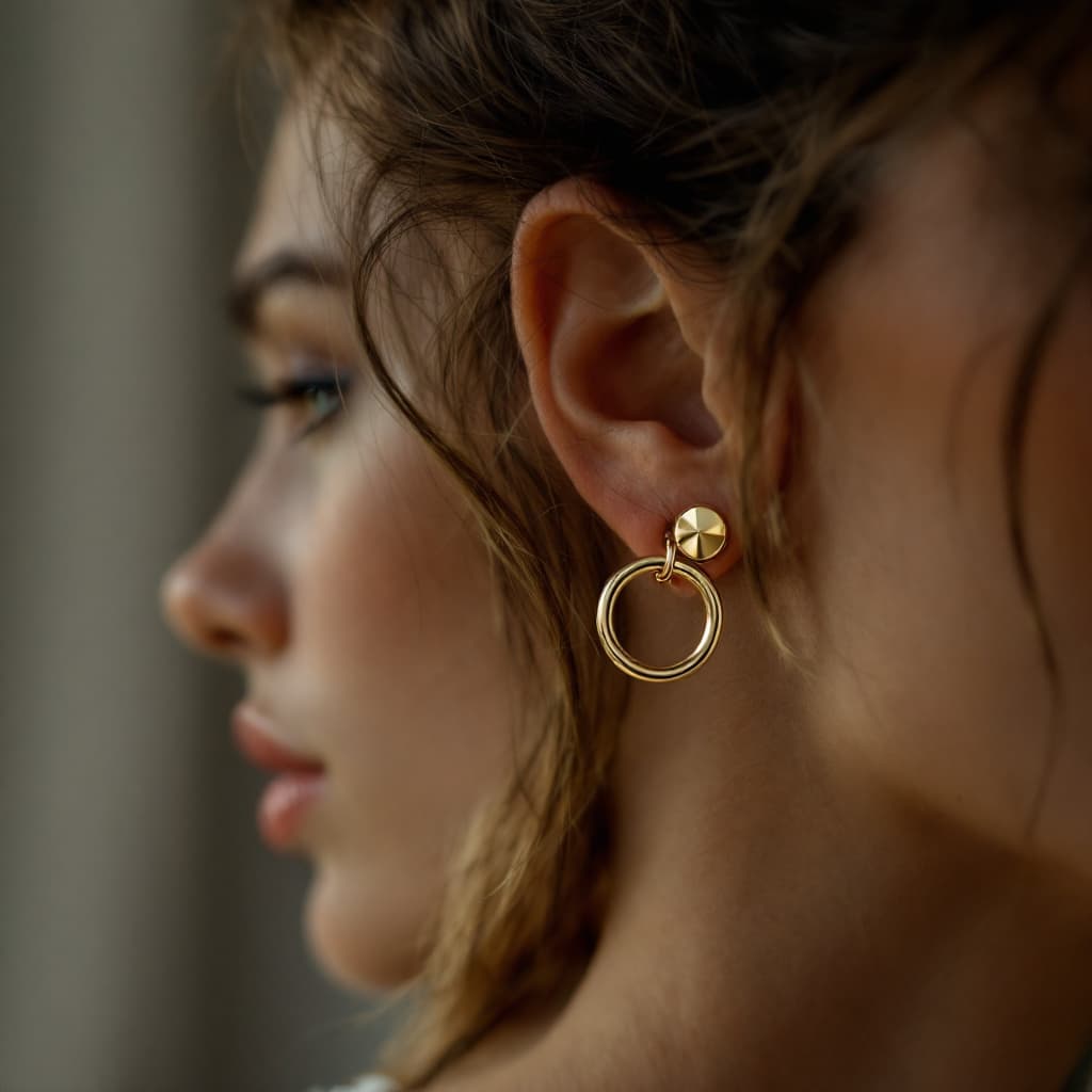 AI generated: woman side face shot showcasing circular gold earrings. Diagonal design. Metallic snap button closur...