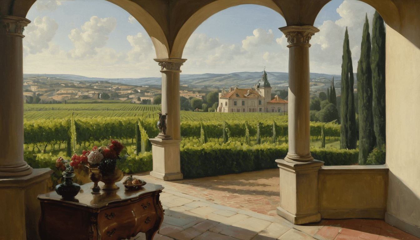 AI generated: baroque style, art by Johannes Vermeer, victorian architecture, french villa in the distance surroun...