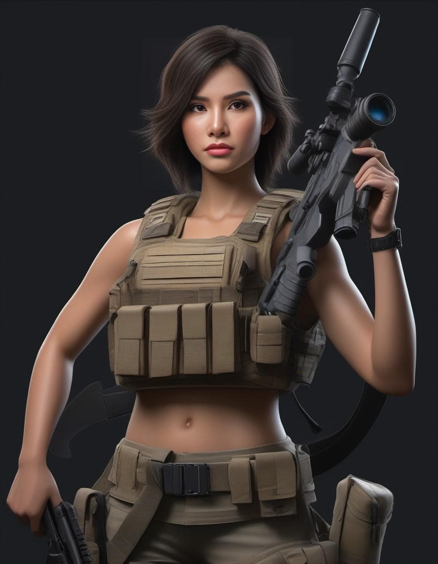 AI generated: a charming girl, special troops, holding an AWM sniper, close-up, black background, muscular, in the...