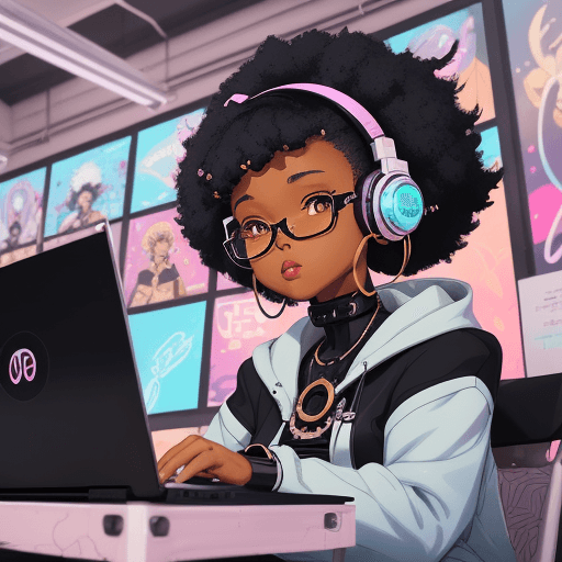 AI generated: a close up of a black girl sitting in front of a laptop with headphones and earrings, black anime ma...