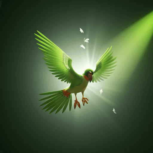 AI generated: abstract 3D shape flying parot, foliage and flowers incorporated, light emitting, green background