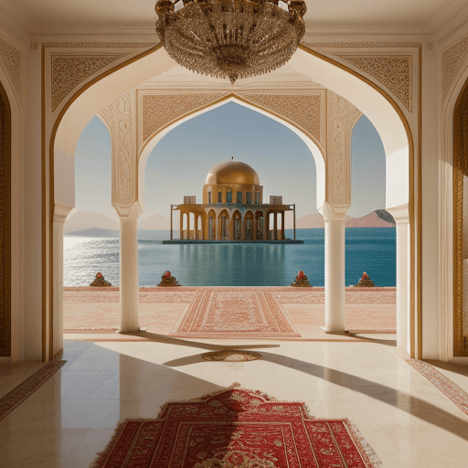 AI generated: Hyper realistic eye level Interior photo of a Qajar modern style Palace overlooking the ocean on Mar...