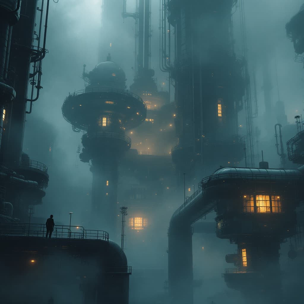 AI generated: image of a sci-fi industrial setting enveloped in thick fog, scene should depict towering structures...