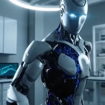 AI generated video: A video of a bionic robot filmed in a laboratory, trying to touch the camera