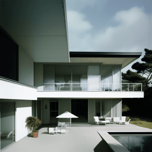 AI generated: Hyper realistic eye level exterior photo of a mid century modern style house overlooking the ocean, ...