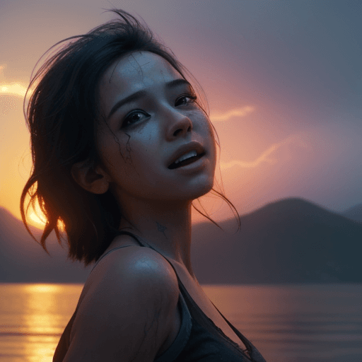 AI generated: Photo of a ultra realistic happy girl, dramatic light, sunrise, cinematic lighting, battered, low an...