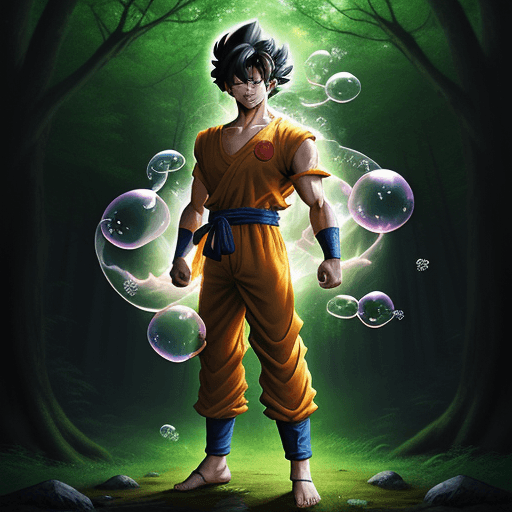 AI generated: Son Goku with lightful bubble bloom, standing in forest clearing, digital art