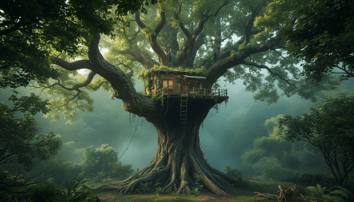 AI generated: Keeping the design in the provided image, make a shot from the ground below of the same Treehouse, a...