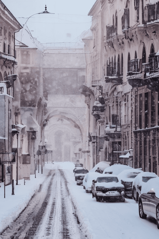 AI generated: Bucharest| street| old town| old city| winter| heavy snow| comprehensive cinematic| Atmosphere| Mast...