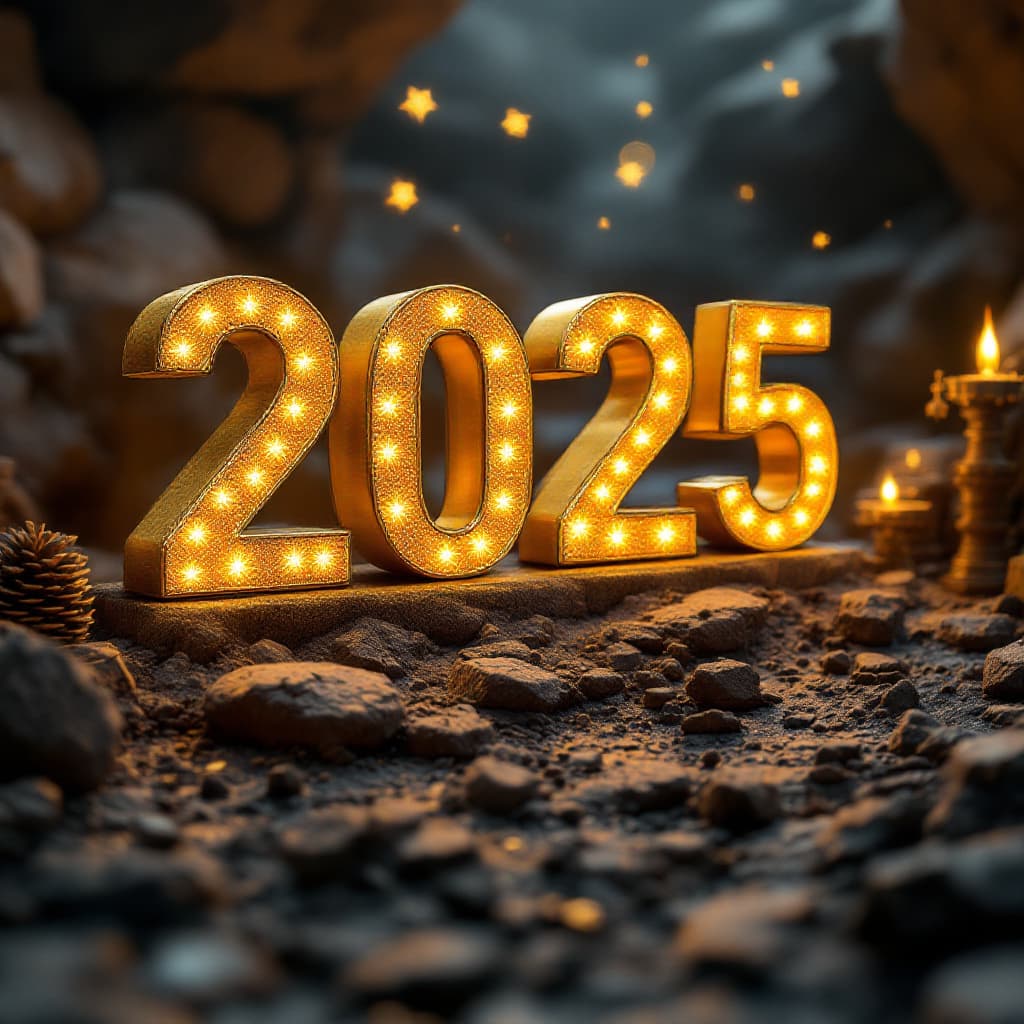 AI generated: Dibújame el número 2025 en 3d y en color dorado muy brillante llegando a la meta en un entorno estre...