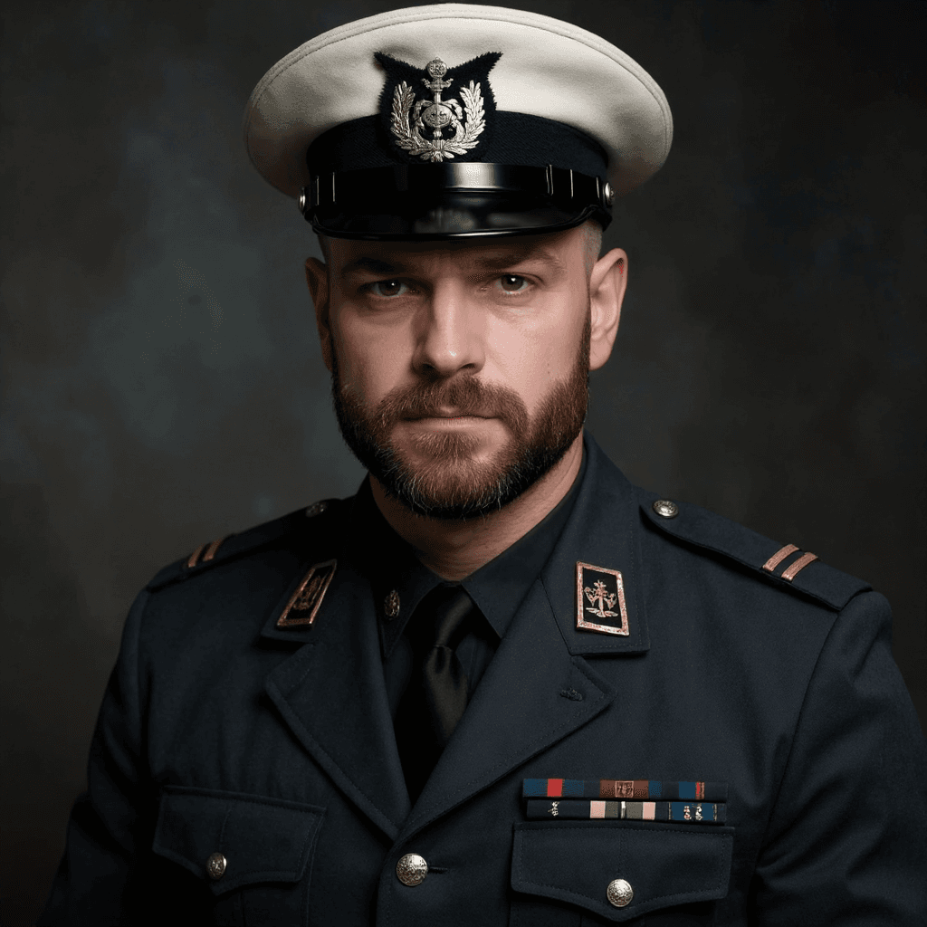 AI generated: Portrait hyper réaliste en cadrage serré d’un homme viril en uniforme de cérémonie militaire, inspir...