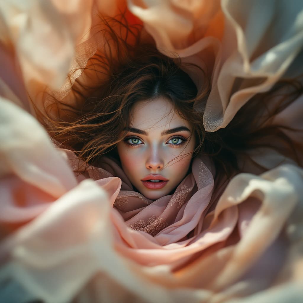 AI generated: fish eye view from the ground of a mysterious woman with soft features, wind blown brunette hair and...