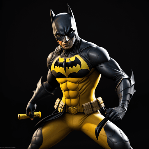 AI generated: chameleon dressed as batman character, yellow suit, he handles a katana in his hands, combat pose, f...