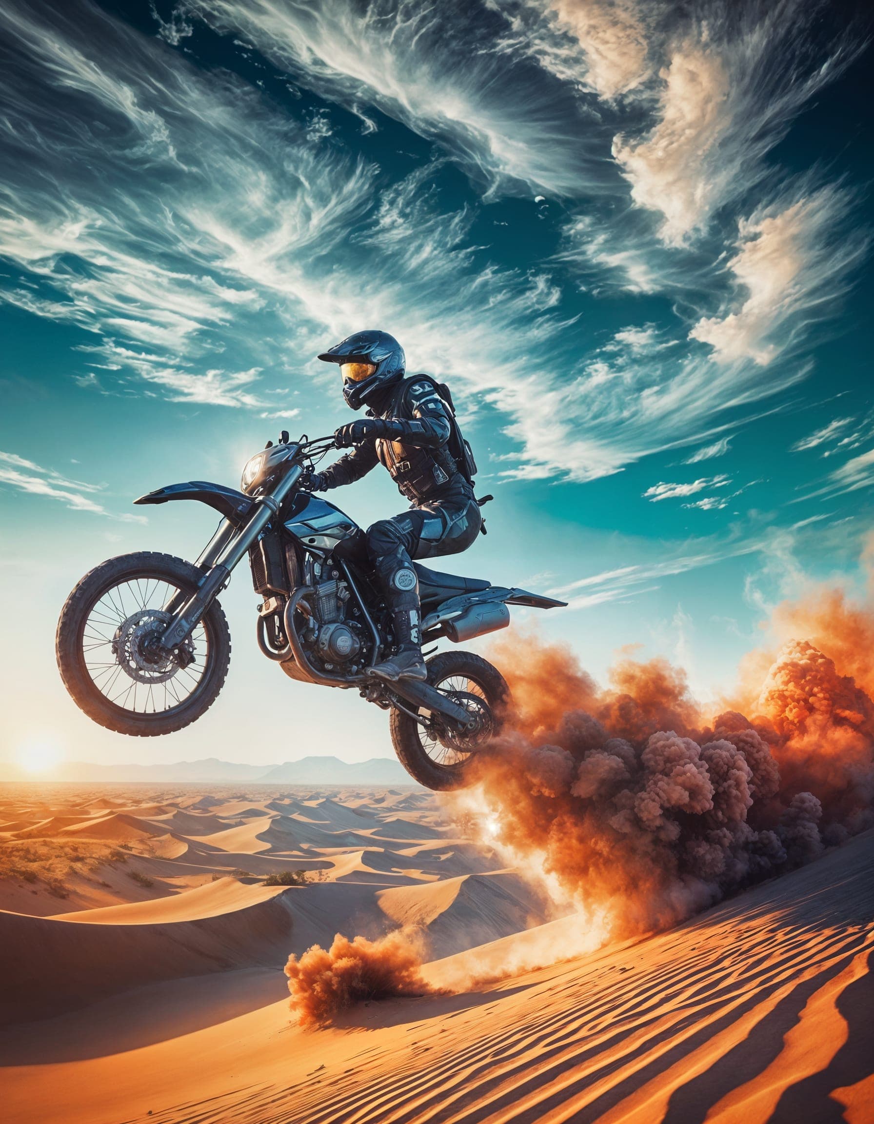 AI generated: A hyper-realistic painting of a lone motorcyclist in black gear flying through a desert, sand and fl...
