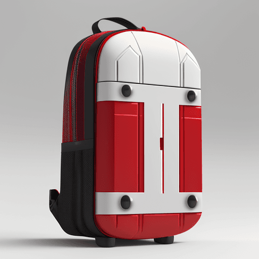 AI generated: fullview hardcase capsule shape red backpack urban stormtrooper in the style of Batman , clean produ...