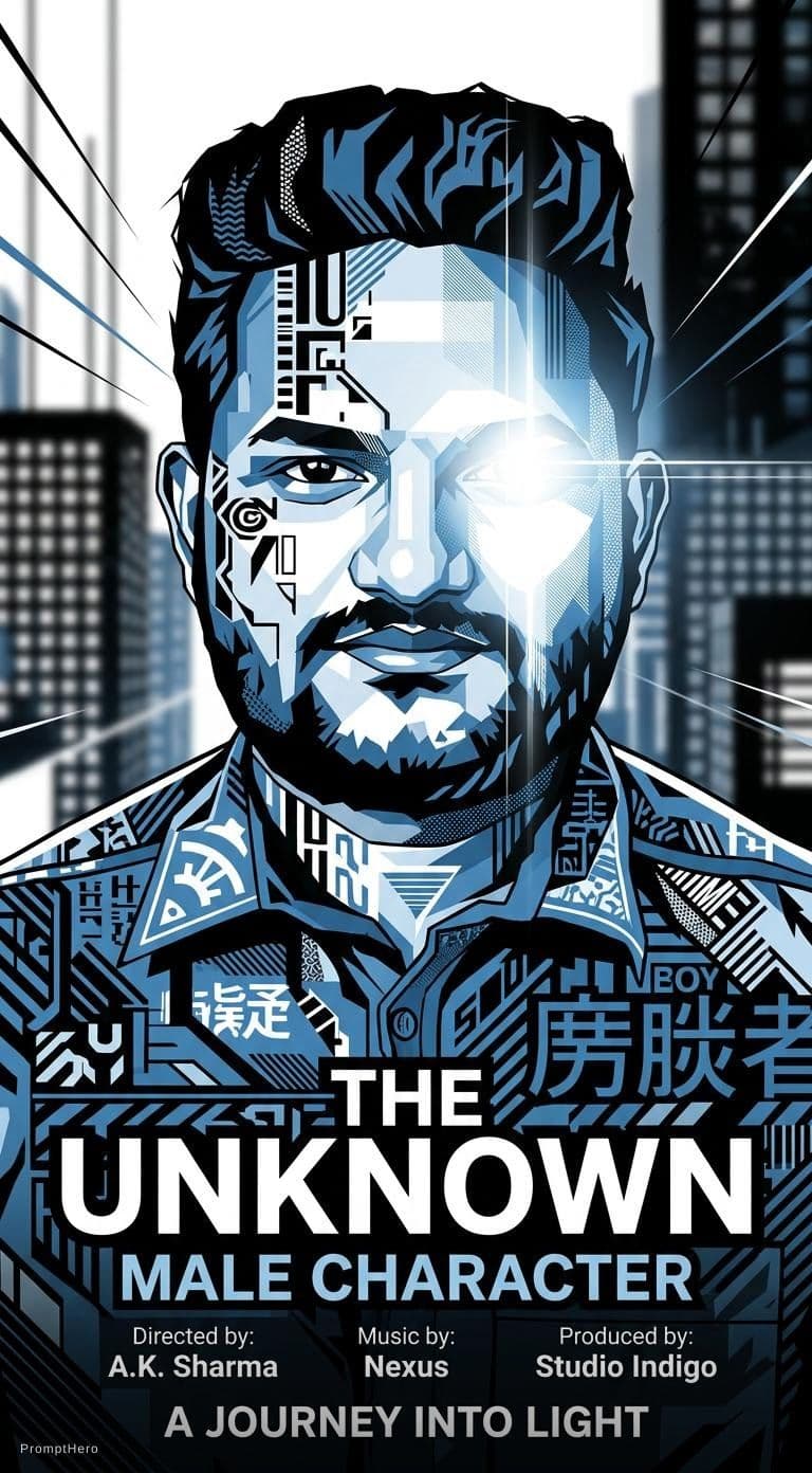 AI generated: movie poster, male character in black, white and blue, in the style of yoh nagao, light-focused --ar...