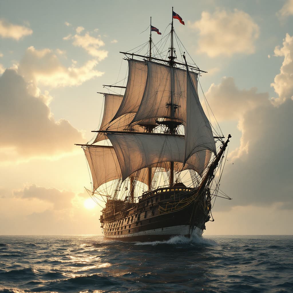 AI generated: Photo of a ultra realistic sailing ship, dramatic light, pale sunrise, cinematic lighting, battered,...