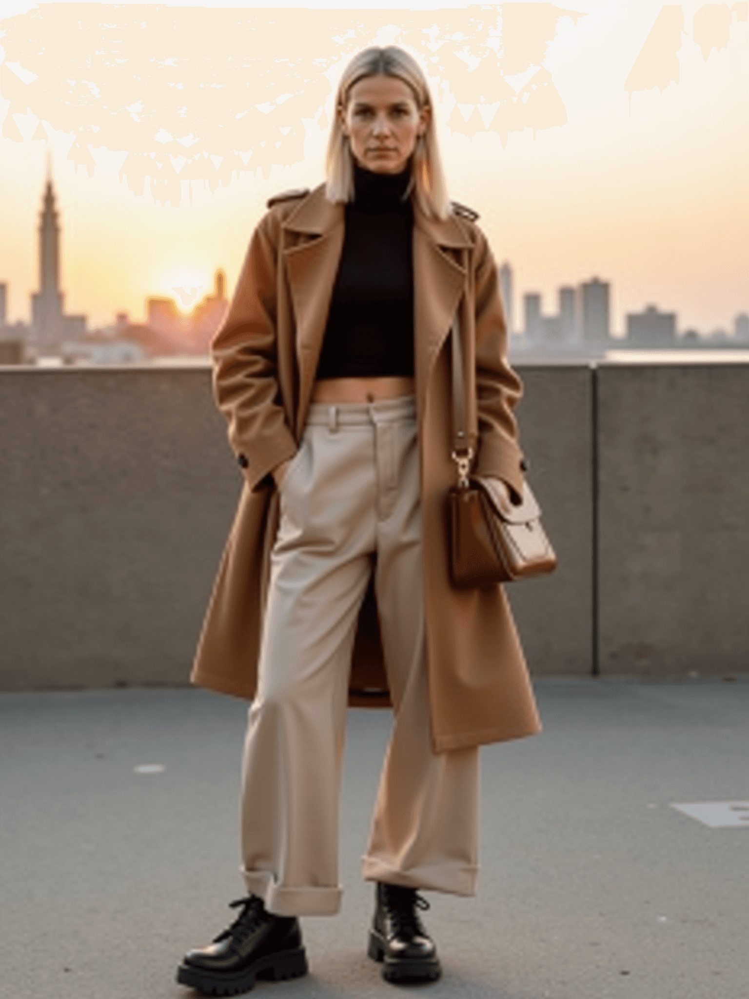 AI generated: Streetwear Sophistication: A blonde woman with sleek, straight hair tucked behind her ears, wearing ...