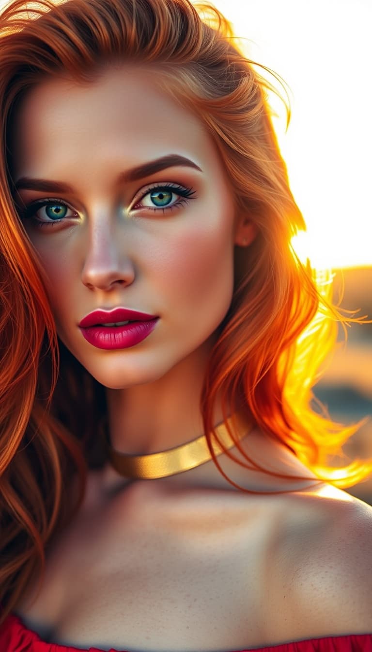 AI generated: "Fine art fashion portrait, warm golden hour light, bright vibrant colours. Supermodel with fair ski...