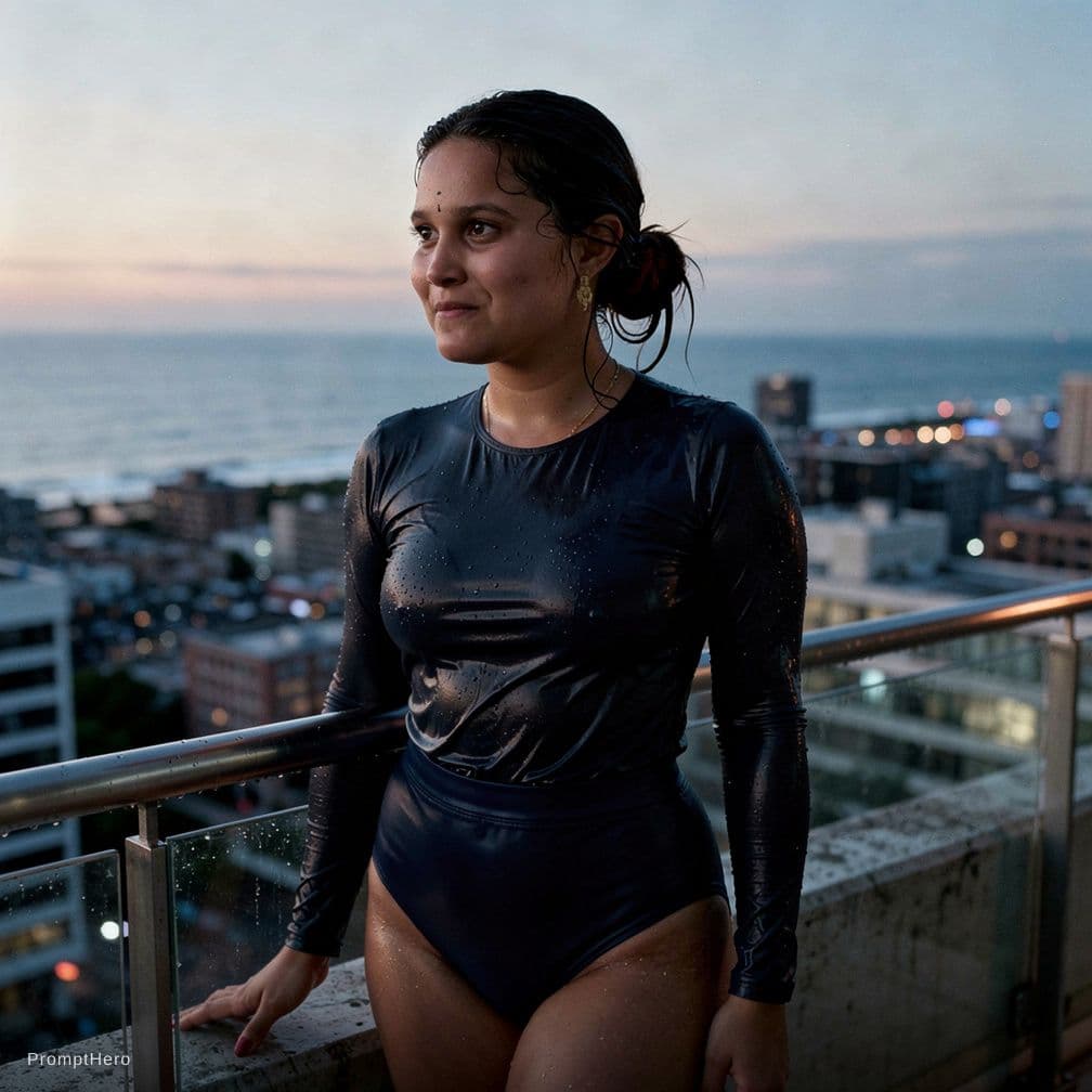 AI generated: A documentary style photograph of a young female on a high balcony just after swimming. Her long dar...