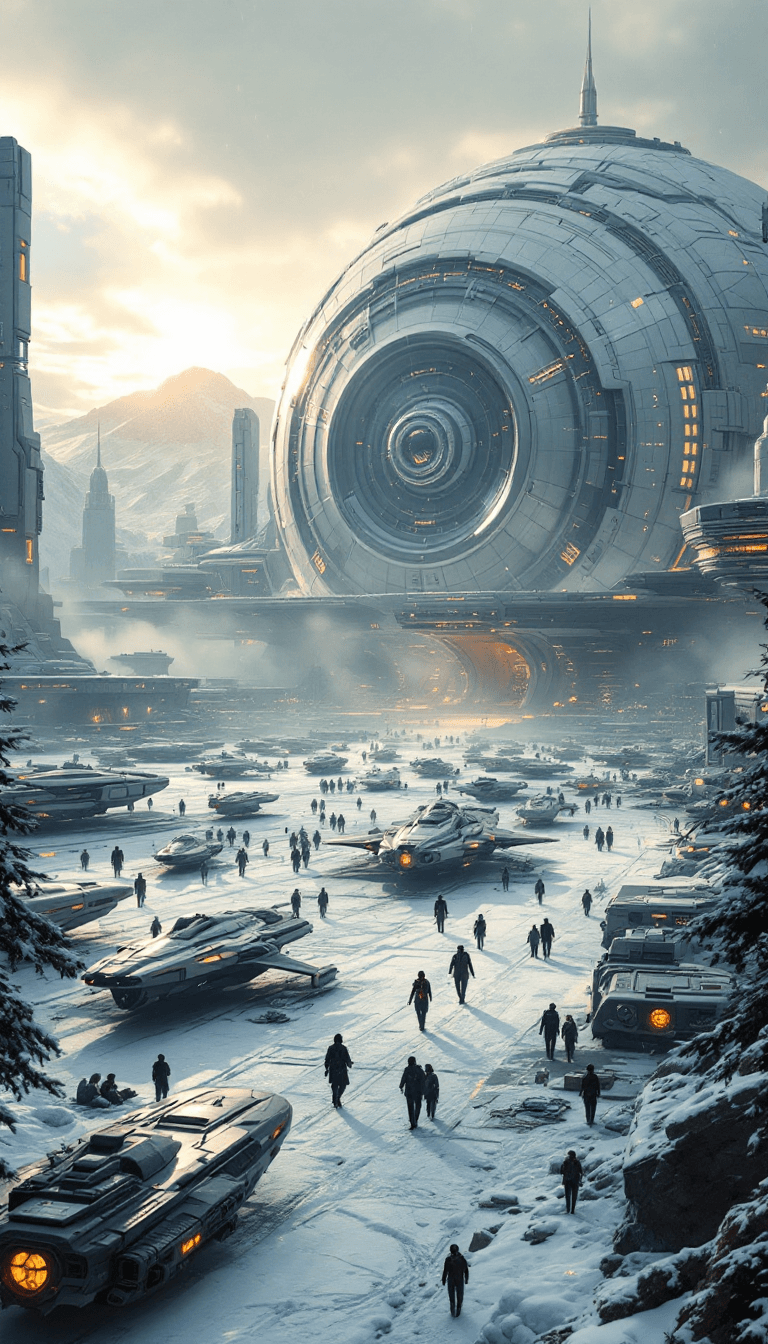 AI generated: A **vast, bustling spaceport** set in a **snow-covered landscape**, with numerous **sleek spacecraft...