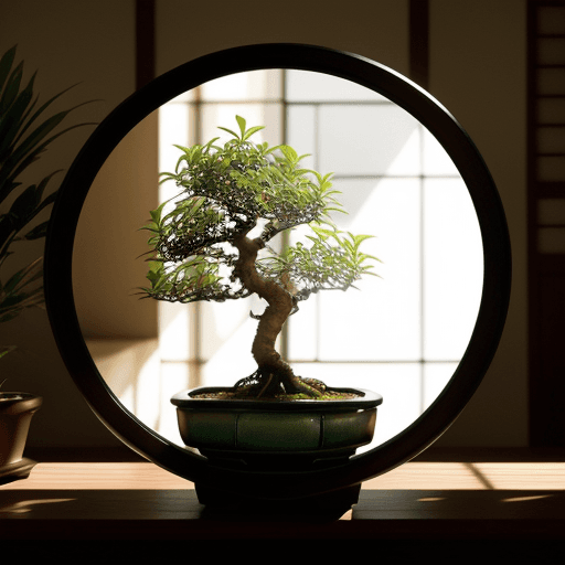 AI generated: Photo of a ultra realistic home spot, Japanese style, round mirror with slim cooper frame and light ...