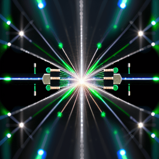 AI generated: photorealism. fiber optic emitter. a beam comes out of the emitter. the beam is reflected from the m...
