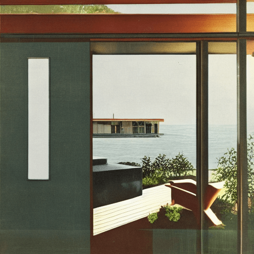 AI generated: Hyper realistic eye level exterior photo of a mid century modern style house overlooking the ocean, ...